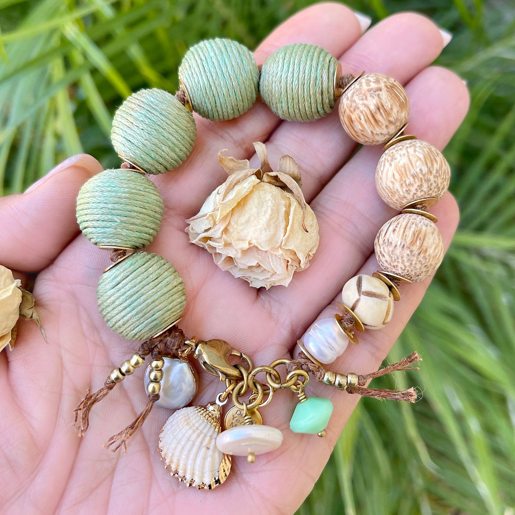 Beachy Keen Wood, Pearl, and Fabric Bracelet