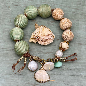 Beachy Keen Wood, Pearl, and Fabric Bracelet