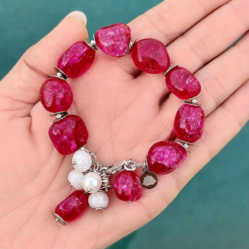 Hot Pink Crackle Quartz, Silverite, and Pearl Bracelet