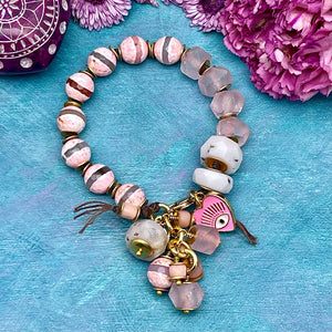 Pink Agate and Recycled Glass Protective Eye Bracelet